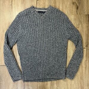 Structure Women Sweater Large Blue Ribbed 100% Cotton Pullover V-Neck
